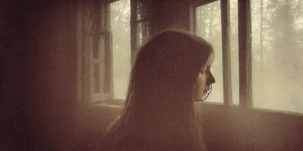 Image similar to portrait bust of young woman, tired expression, faded color film, russian cinema, tarkovsky, kodachrome, inside old cabin, next to window, heavy forest outside, long brown hair, old clothing, heavy fog, brown color palette, hudson river school, 4 k, dramatic lighting, greg rutkowski