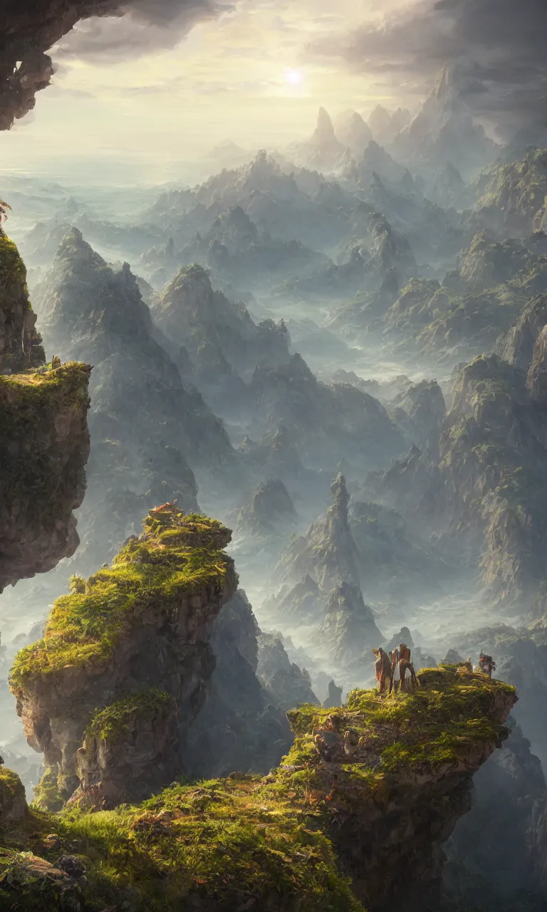 Image similar to an oil art close - up centered view from a cliff looking out to a fantasy mountain landscape, 4 k, ultra detail, volumetric lighting, unreal engine, octane render, tom bagshaw, andreas rocha