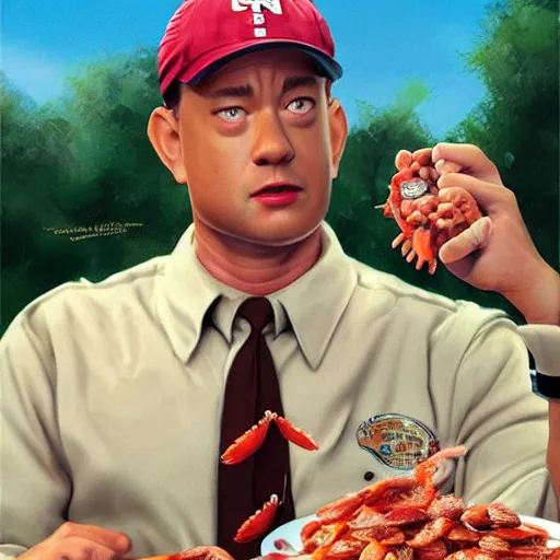 Prompt: tom hanks as forrest gump has shrimps instead of hands, photorealistic, cgsociety, artstation