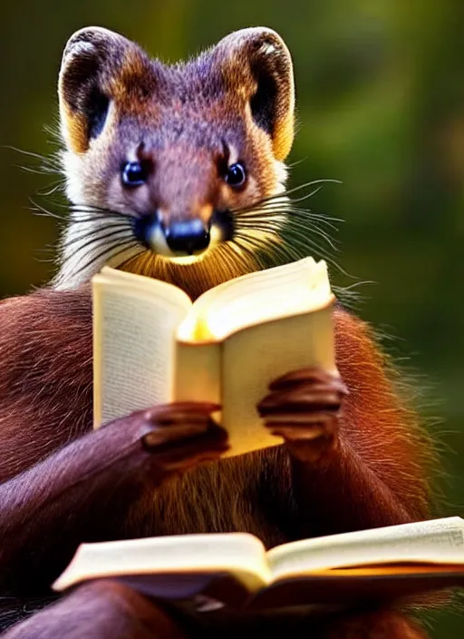 Image similar to a beautiful scene from a 2 0 2 2 fantasy film featuring a humanoid pine marten with golden eyes wearing a loose white tunic reading on a couch. an anthropomorphic pine marten. golden hour.