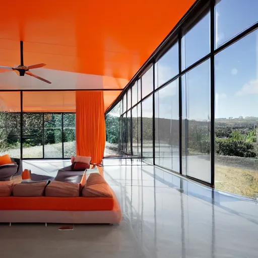 Prompt: wide angle photo inside a house made of many layers of sheer fabric. Translucent deep orange mesh fabric hangs over glass walls. The wind is blowing. Dozens of curtains hang in the space from tracks mounted in the ceiling. The space glows with bright natural light. The house is made of concrete , glass, and sheer orange mesh. Coronarender, vray.