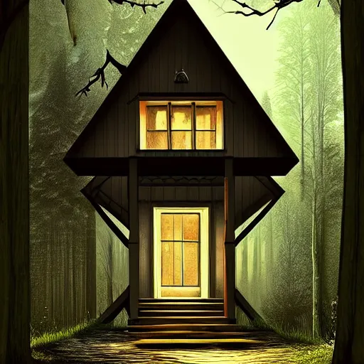 Prompt: a notepad as front door for a cottage in the woods, trending on artstation, detailed digital art, eerie thriller aesthetic!!!!,