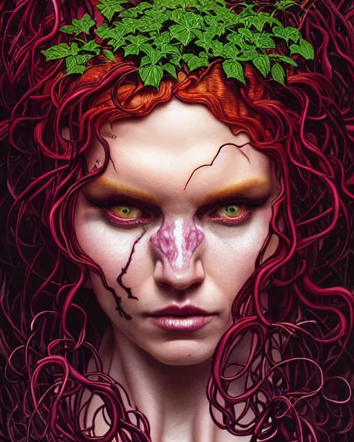 Image similar to closeup portrait the platonic ideal of flowers and roots of cletus kasady, venom, poison ivy, ultimate beautiful succubus, intricate, hyperrealism, intense, dmt, artgerm, moebius, greg rutkowski, dan mumford, alphonse mucha