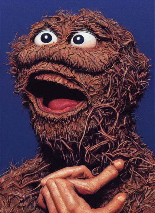Image similar to portrait of Cookie Monster in Videodrome (1983), highly detailed, centered, solid color background, digital painting, artstation, concept art, smooth, sharp focus, illustration, artgerm, donato giancola, Joseph Christian Leyendecker, Les Edwards, Ed Repka, WLOP, Artgerm