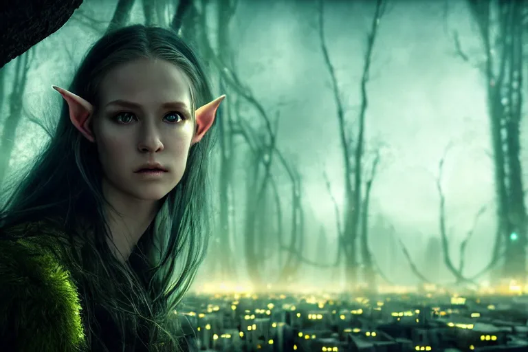 Image similar to an ultra realistic, cinematic, fantasy, headshot portrait, of an elden ring elf, fairy lights, facial features, background of a vast dystopian cityscape, with trees and neon lights, detailed, deep focus, movie still, dramatic lighting, ray tracing, by michal karcz and yoshitaka amano