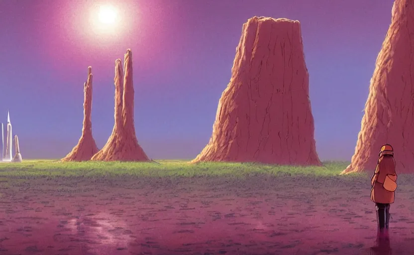 Image similar to a realistic cell - shaded studio ghibli concept art from paprika ( 2 0 0 6 ) of a flying multi - colored rocketship from close encounters of the third kind ( 1 9 7 7 ) in a flooded monument valley stonehenge jungle with giant trees on a misty starry night. a camel caravan is in the foreground. very dull colors, portal, hd, 4 k, hq