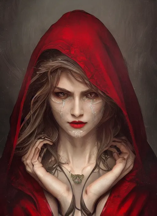 Image similar to symmetry!! red riding hood, machine parts embedded into face, intricate, elegant, highly detailed, digital painting, artstation, concept art, smooth, sharp focus, illustration, art by artgerm and greg rutkowski and alphonse mucha, 8 k