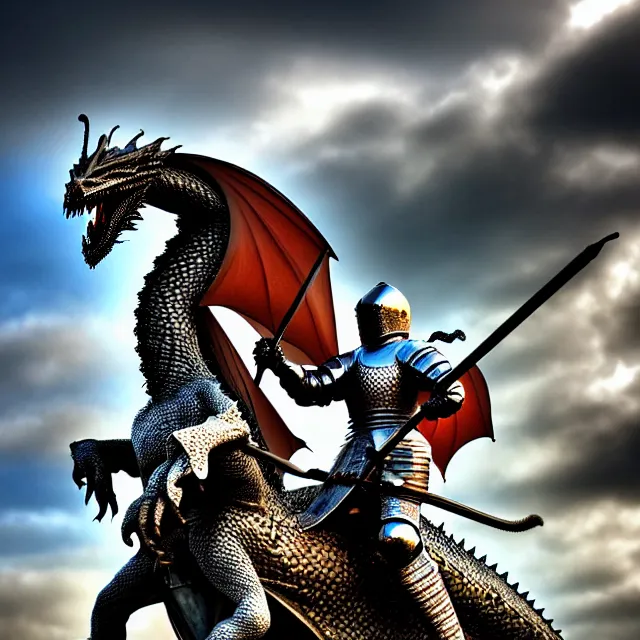 Image similar to knight riding a dragon, highly detailed, 8 k, hdr, smooth, sharp focus, high resolution, award - winning photo