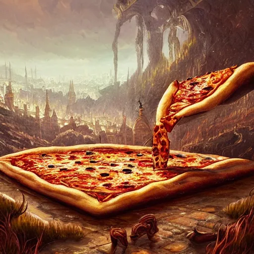 Image similar to ultra realistic illustration of!! pizza giant!!, intricate, fantasy italy, epic landscape, highly detailed, digital painting, artstation, concept art, smooth, sharp focus, illustration, art by tim mcburnie and conar cross and anato finnstark