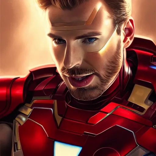 Image similar to handsome Chris Evans in an Iron Man suit, western, closeup, D&D, fantasy, intricate, elegant, highly detailed, digital painting, artstation, concept art, matte, sharp focus, illustration, art by Artgerm and Greg Rutkowski and Alphonse Mucha