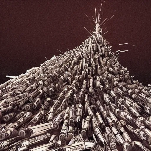 Image similar to gigantic mountain of syringes by junji ito and francis bacon, hunter s thompson feeling of grimdark, sharp focus, fiction, hyper detailed, digital art, trending in artstation, cinematic lighting, studio quality, smooth render, unreal engine 5