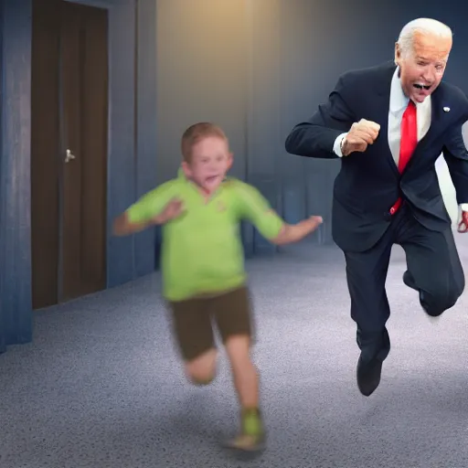 Image similar to joe biden chasing a child in the backrooms, hyper - realistic, 4 k, octane - render, realistic.