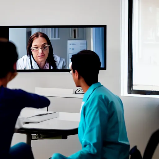 Image similar to A doctor consulting a patient using video conferencing, Canon EOS R3, f/1.4, ISO 200, 1/160s, 8K, RAW, unedited, symmetrical balance, in-frame