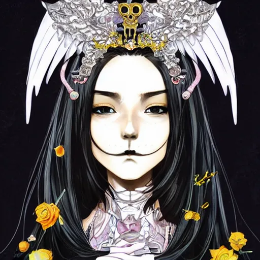 Image similar to anime manga skull portrait young woman clownskeleton, tiara, wings, intricate, elegant, highly detailed, digital art, ffffound, art by JC Leyendecker and sachin teng