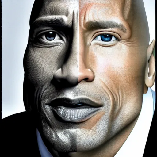 Prompt: ( dwayne rock johnson ) have a body of arnold arnold schwarzenegger. symmetric face, coherent face, coherent eyes, symmetric eyes