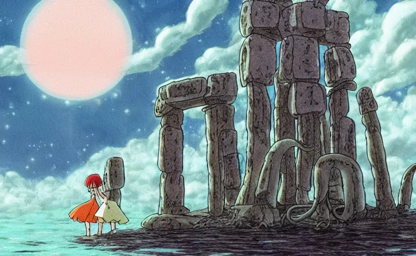 Image similar to a realistic cell - shaded studio ghibli concept art from paprika ( 2 0 0 6 ) of a flying multi - colored octopus from close encounters of the third kind ( 1 9 7 7 ) and a grey long - haired witch in a flooded stonehenge on a misty starry night. very dull colors, wide shot, hd, 4 k, hq