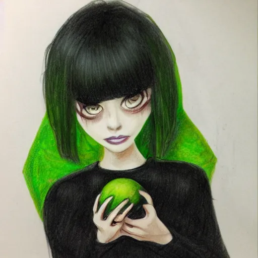 Prompt: pencil sketch of thicc goth girl with an avocado for a head