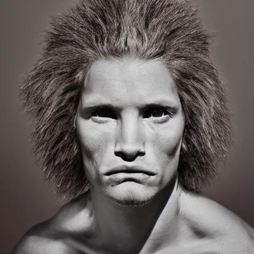 Image similar to portrait of lion - human hybrid, by annie leibovitz, portrait of a young man, studio lighting, award - winning