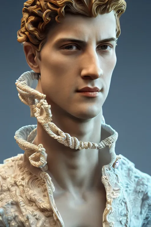 Image similar to a beautiful porcelain Baroque style bust of handsome young Spanish man with colored pipecleaners coming out of the neck suspended in space, photorealism, octane render, depth of field, 8k, 35mm, artgem, Trending on artstation