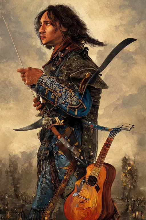 Prompt: a highly detailed portrait of frank dillane as a musketeer with a guitar, intricate, digital painting, old english, colorful, seductive, whimsical background by marc simonetti, artwork by liam wong
