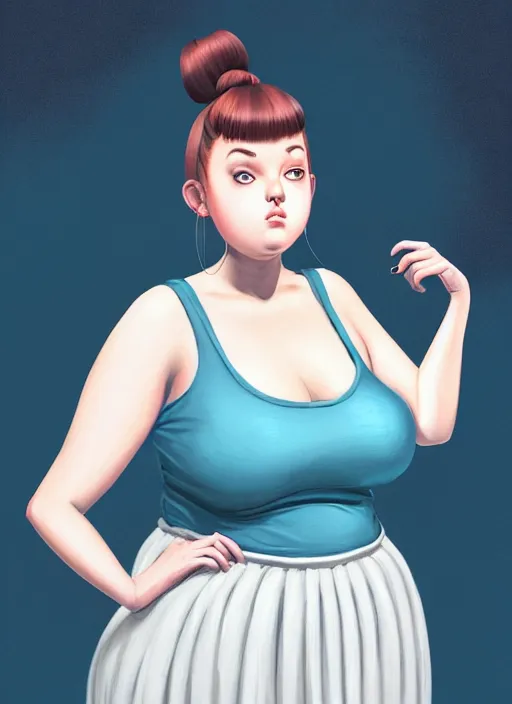 Prompt: full body portrait of teenage betty cooper, obese, bangs, ponytail, sultry, realistic, sultry smirk, ponytail hairstyle, fluffy bangs, curly bangs, skirt, fat, belly, intricate, elegant, highly detailed, digital painting, artstation, concept art, smooth, sharp focus, illustration, art by wlop, mars ravelo and greg rutkowski