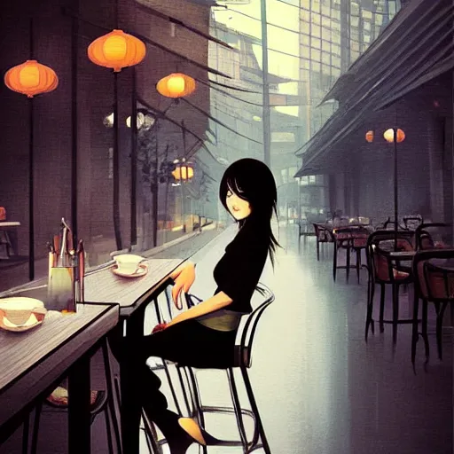 Prompt: woman sitting in a cafe in China, artwork by guweiz