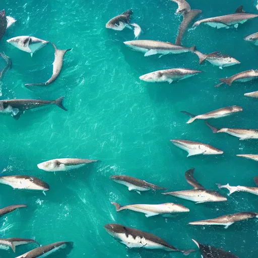 Prompt: wide view of a sea full of sharks