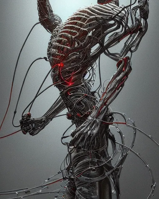 Image similar to a cyborg soldier with wires and cables bursting out of their right arm in the style of h. r. giger / david cronenberg / zdzisław beksinski trending on artstation deviantart pinterest hyper detailed photorealistic highlights and shadow hd 8 k post - processing high resolution