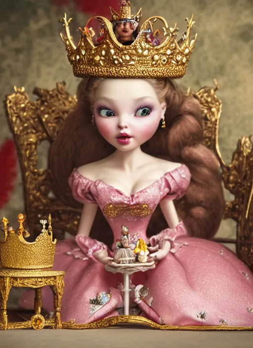 Prompt: highly detailed closeup, portrait of a tin toy fairytale princess wearing a crown and sitting on a throne eating cakes, unreal engine, nicoletta ceccoli, mark ryden, earl norem, lostfish, global illumination, detailed and intricate environment