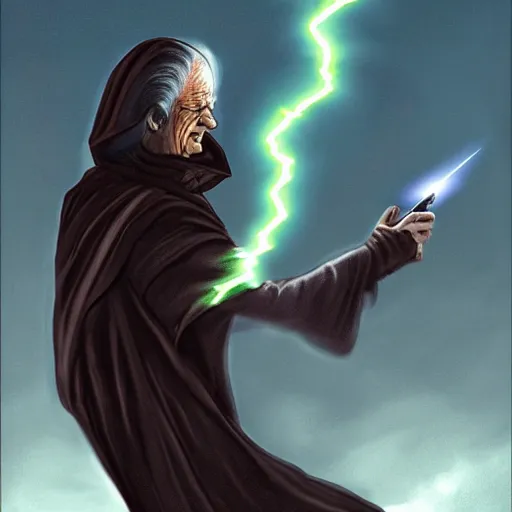 Prompt: Emperor Palpatine shooting lightning at an iPhone, digital art