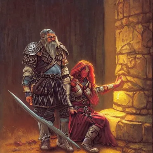 Prompt: a dwarf paladin comforting an elven female ranger. Grimdark fantasy art by Gerald Brom