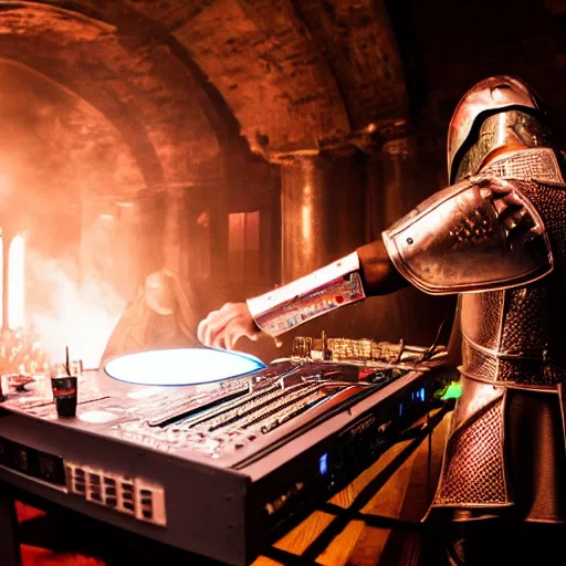 Image similar to photograph of a dubstep dj in holy templar knight armor djing during a medieval party, 8 k resolution, high detail