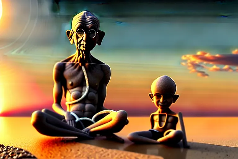 Image similar to gandhi with a big head and a small body, at the beach, sitting on the sand next to a campfire, with palm trees in the back, intricate detail, trending on artstation, sharp focus, illustration, caustics, octane render, radiant light, 4 k