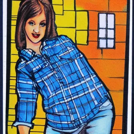 Image similar to cute girl wearing plaid and blue jean rolled up to her knees, she has her hand on a very large paint brush, modern cartoon trading card,