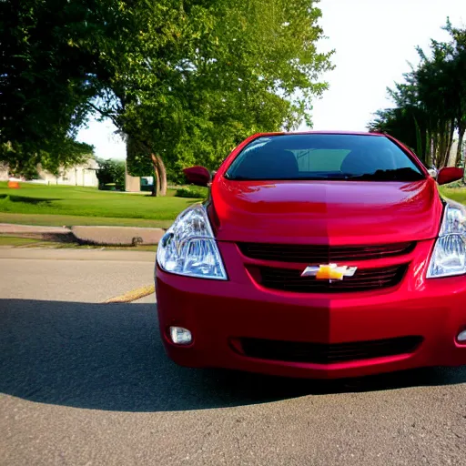 Prompt: 2007 red Chevy cobalt stuck atop a light post