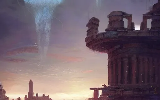 Image similar to longshot photograph of advanced civilization city ruins floating in a disc in the sky by Hubert Robert, Lee Madwick and Bastien Lecouffe-Deharme 8k artstation cinematic dramatic lighting