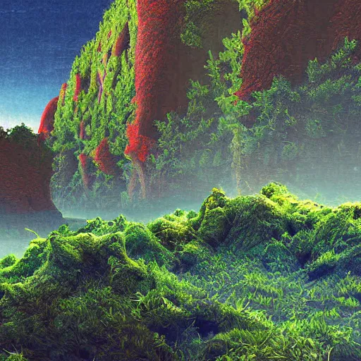 Prompt: digital art of a lush natural scene on an alien planet by lurid ( 2 0 2 2 ). beautiful landscape. weird vegetation. cliffs and water. grainy and rough. interesting colour scheme. soft warm colours. high quality render.