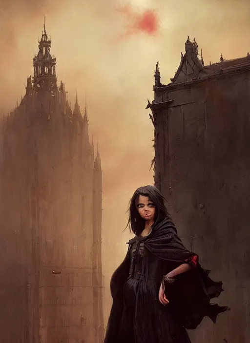 Image similar to a teenage girl with very short dark hair and a tattered grey cloak. she stands on top of a building in a gothic fantasy city. the sky has a red glow and ash is falling. beautiful painting by greg rutkowski