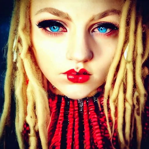 Prompt: instagram photography flawless beautiful female with blonde and red dreadlocks in a black ballgown, dark, piercing clear eyes, symmetrical golden ration exotic stoic expression, photorealistic, highly detailed, mysterious lighting, smooth, sharp focus, 8 0 mm camera