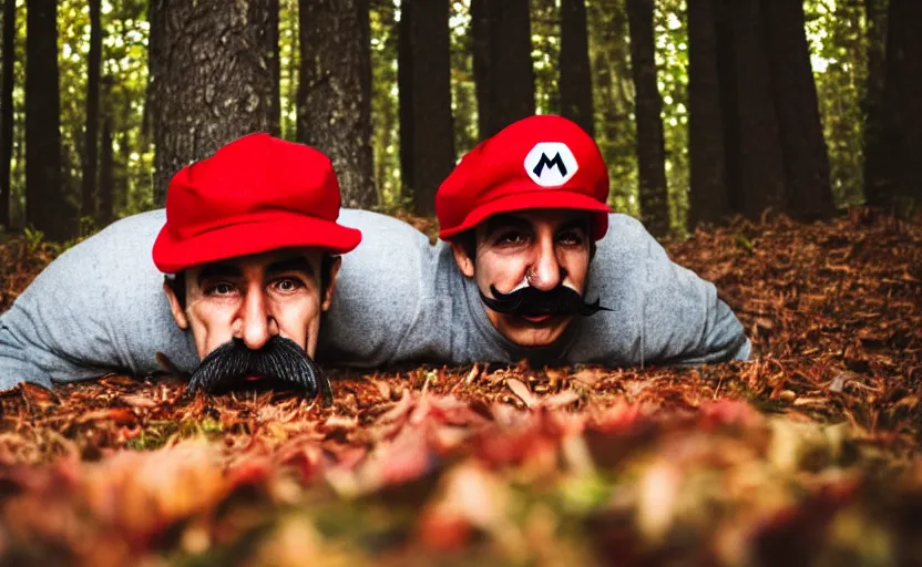 Image similar to italian man with a mustache dressed as mario wearing a solid red mario hat, crawling on the ground, eyes rolled back, licking a red mushroom with white spots, in a forest, photography, 5 0 mm lens, f 1. 8