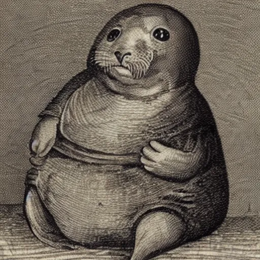 Image similar to “engraving of a baby seal pirate, 1700s”