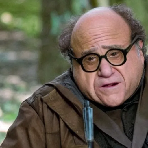 Image similar to movie still of Danny Devito as Katniss Everdeen in The Hunger Games