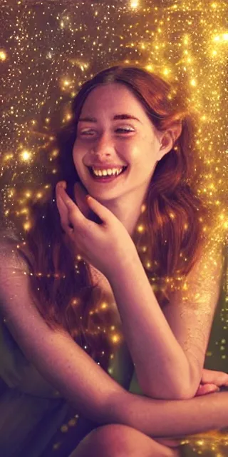 Image similar to a totally enraptured smiling young woman surrounded by golden firefly lights in a mesmerizing scene, sitting amidst nature fully covered, intricate detailed dress, long loose red hair, precise linework, accurate green eyes, small nose with freckles, smooth oval head, expressive emotions, hyper realistic ultrafine portrait by artemisia gentileschi, jessica rossier, artgerm