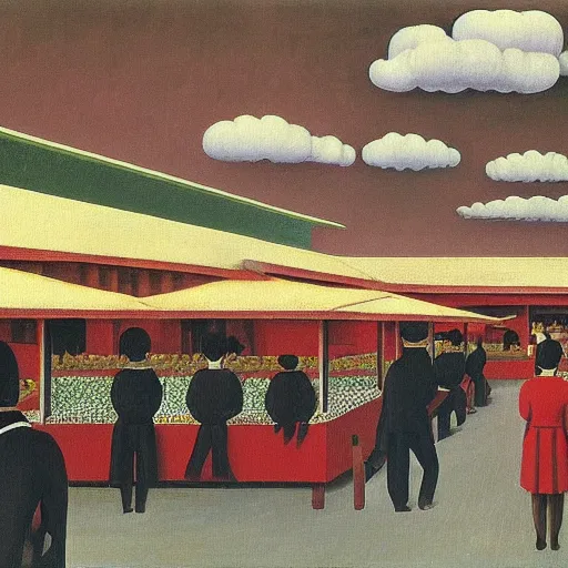 Prompt: A painting of a hawker centre by Rene Magritte