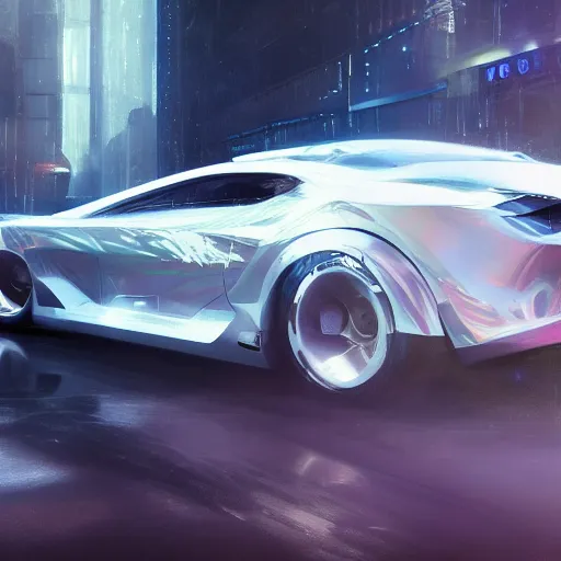 Image similar to full view of a car, painted in white holographic pearlescent, elegant, digital painting, concept art, smooth, sharp focus, art style from Wang Ke and Greg Rutkowski and Bruce Kaiser and Scott Robertson and Dmitry Mazurkevich and Doruk Erdem and Jon Sibal, small style cue from Blade Runner