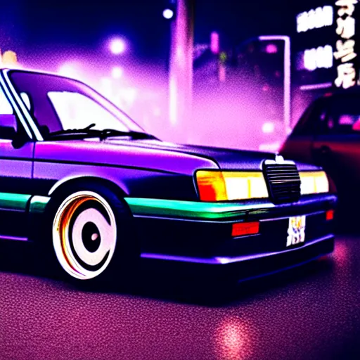 Prompt: a car 190E turbo drift at illegal car meet, Shibuya prefecture, midnight mist lights, cinematic color, photorealistic, highly detailed wheels, highly detailed