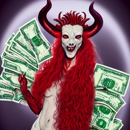 Prompt: Lucifer with bright red skin and curly horns and a big bright white smile offering a bag full of green dollar bills
