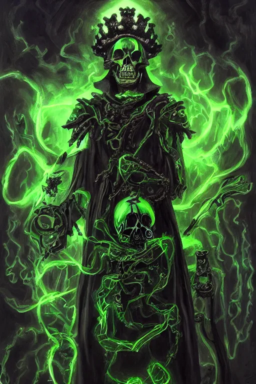 Image similar to portrait of an ominous skeleton king dressed in black robes wielding poisonous powers, glowing green and black tones, oil on canvas, gothic style, ornate, elegant, highly detailed, realistic, concept art, trending on artstation