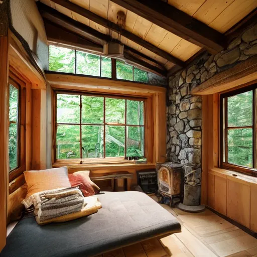 Prompt: interior of cozy stone cottage with english and japanese style, forest theme