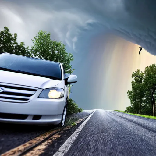 Image similar to white minivan driving away from a tornado, 4k, realism